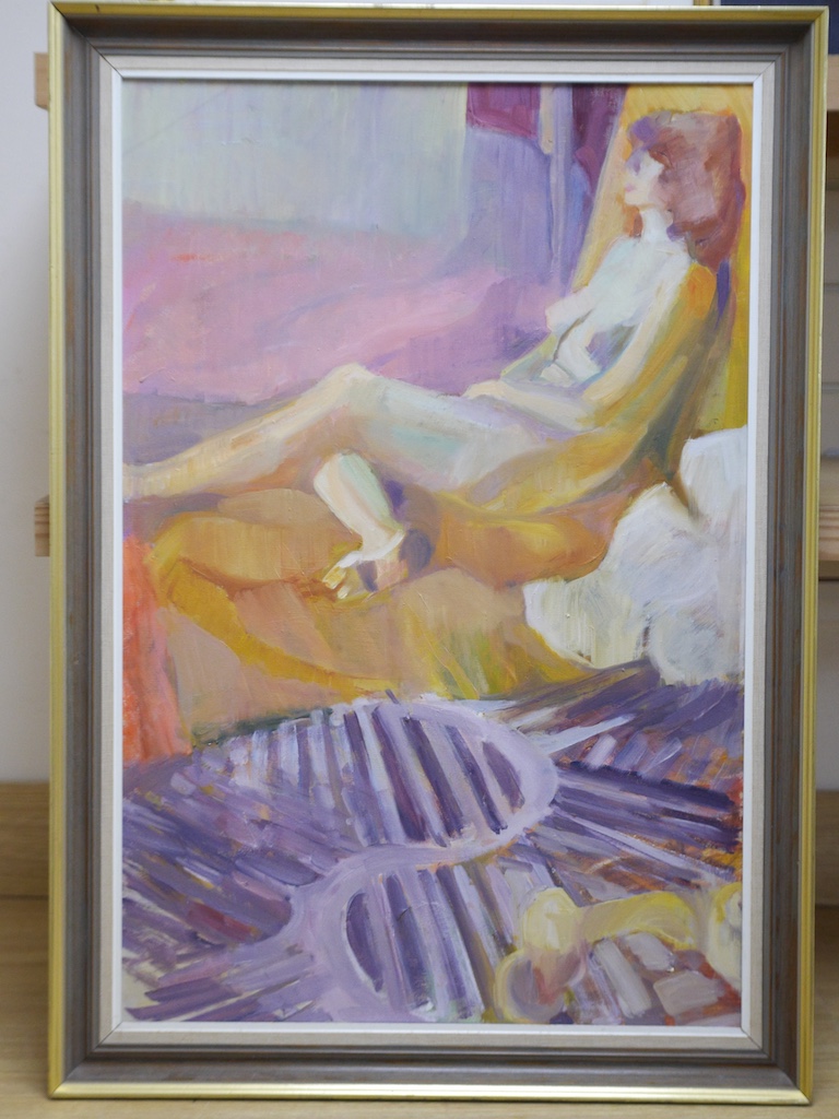 Felicity Moss, oil on canvas board, Reclining nude study, label verso, 75 x 49cm. Condition - good